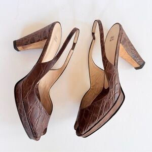 Vera Wang Collection Chocolate Brown Crocodile Slingback Peep Toe Heels 36.5